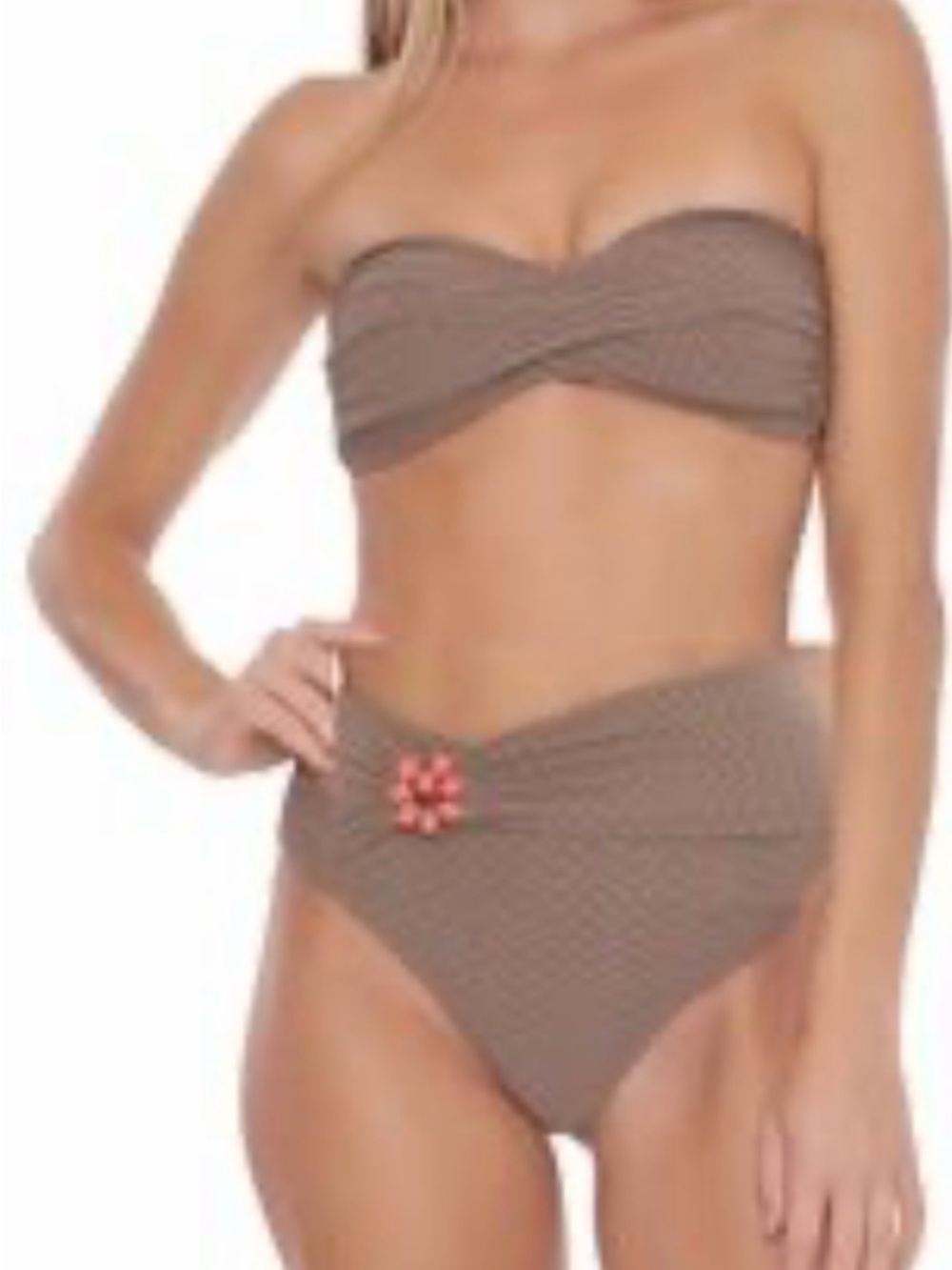 Trina Turk Taupe High-Waist Twist Bandeau Bikini with Coral Accent Empire